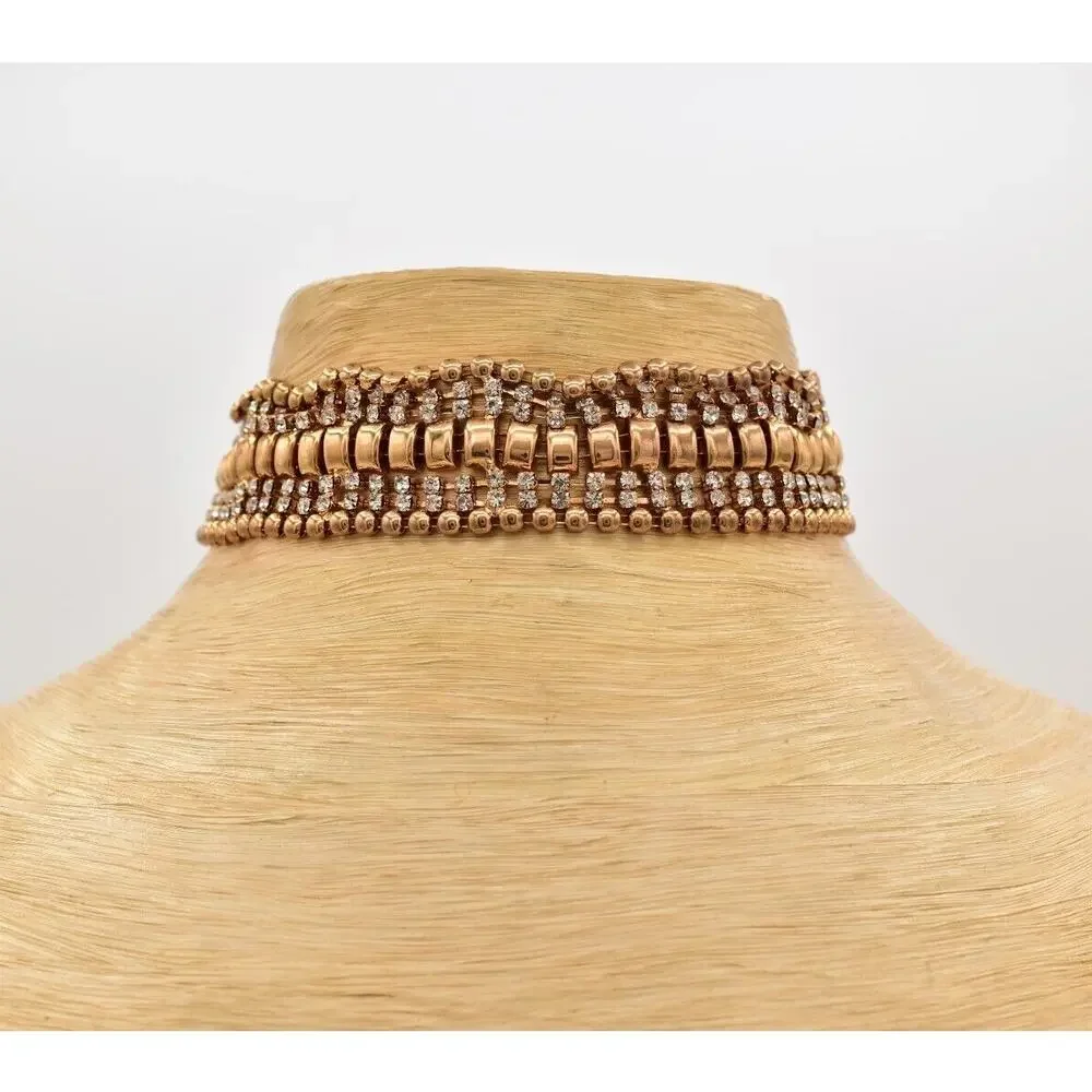 Vintage Crystal Choker Necklace Gold Tone Prong Rhinestone Chunky 1990s BinA17